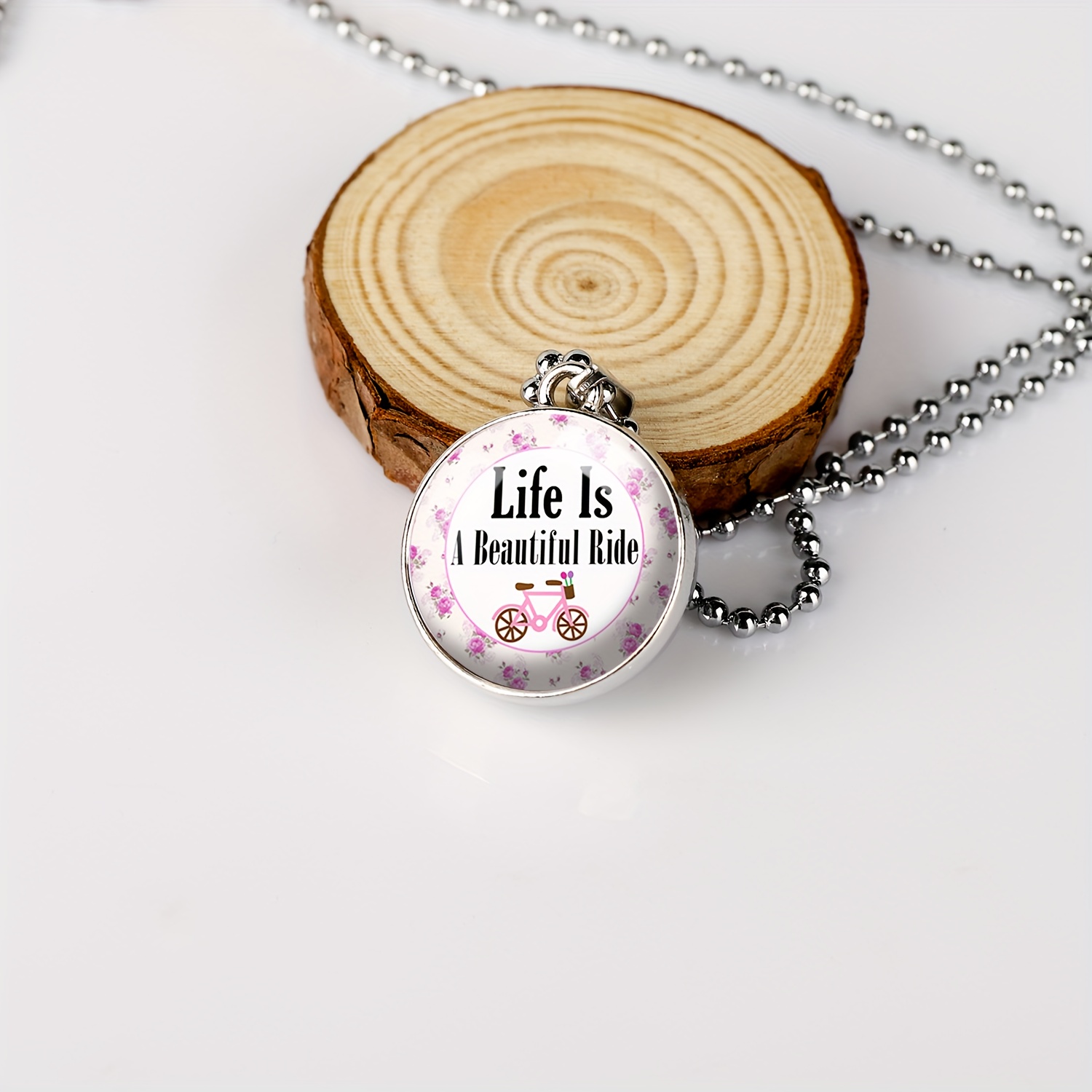 Artistic White Round Double-Sided Bicycle Pendant Necklace